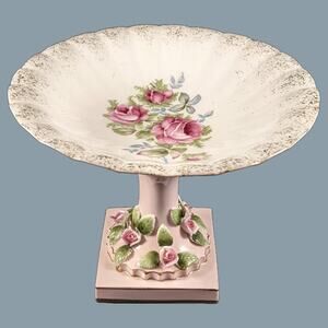 Vintage 1950s Porcelain Pedestal Dish with Roses by Lefton's